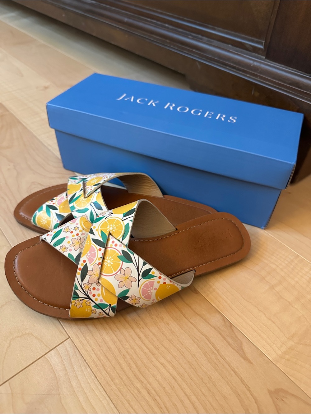 Jack Rogers Floral Citrus Crossband Slide Sandals - Brown, Yellow, Pink, Green